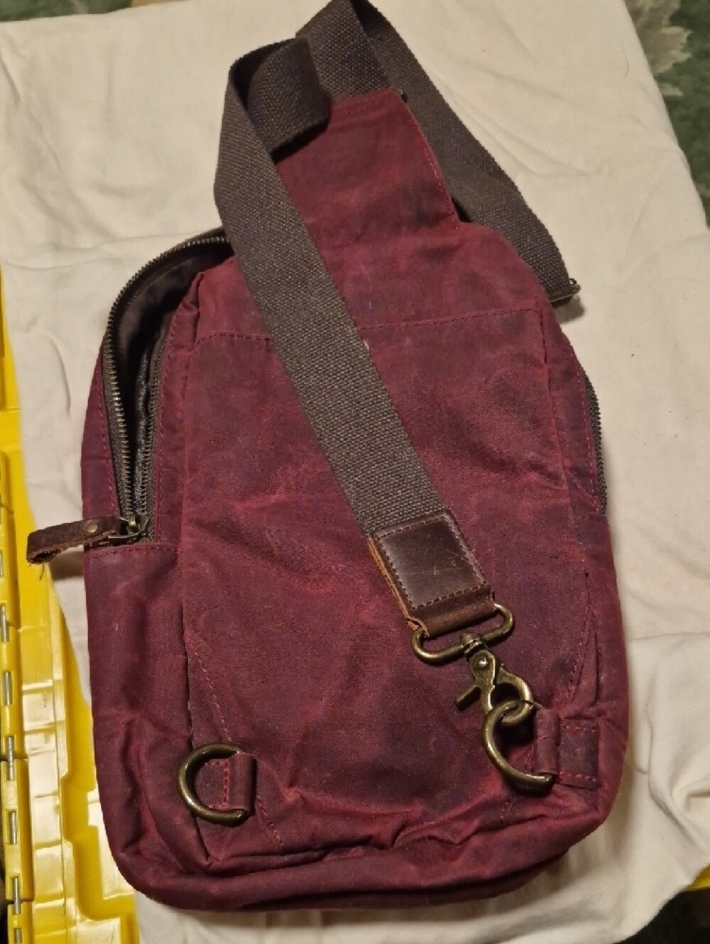 Burgundy Canvas Sling Bag with Brown Leather Trim - Picture 8 of 8